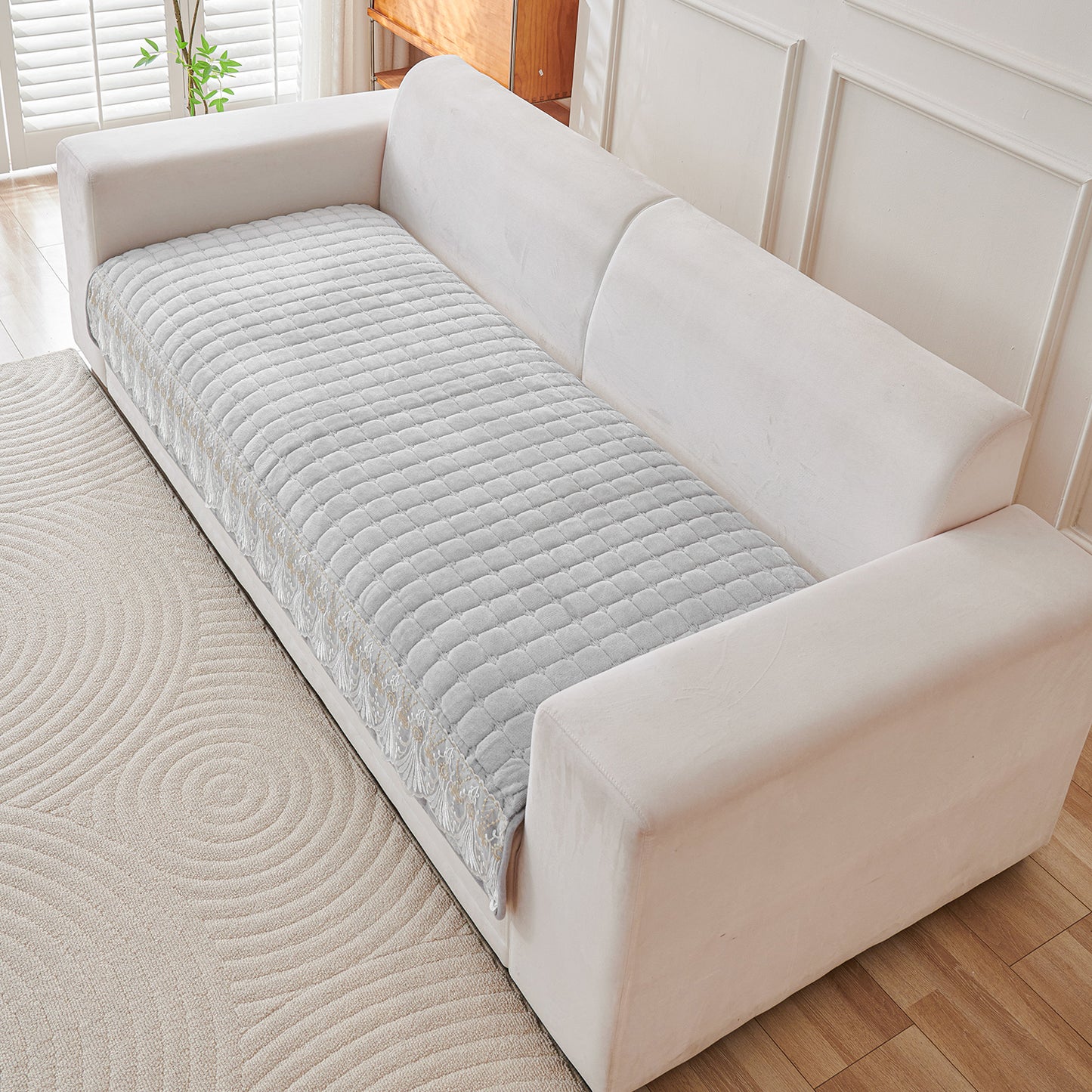 BelleLace Series Imperial Milk Velvet Sofa Cover Mat with Lace Design - Cloud Grey