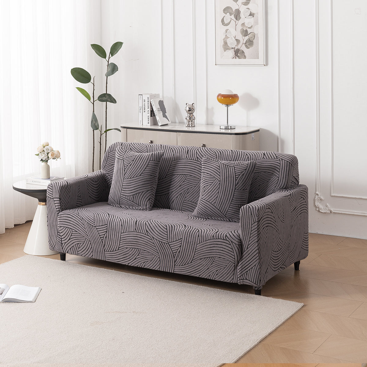 Buy charcoal grey colour waveline series jacquard 2 seater sofa cover​ (pillow & cushion cover)