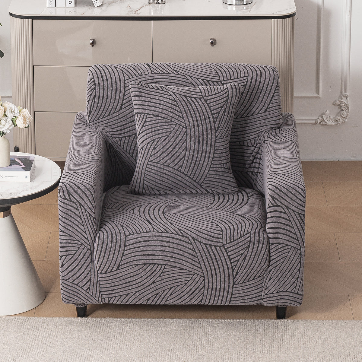 Buy charcoal grey colour waveline series jacquard 1 seater sofa cover​ with cushion cover