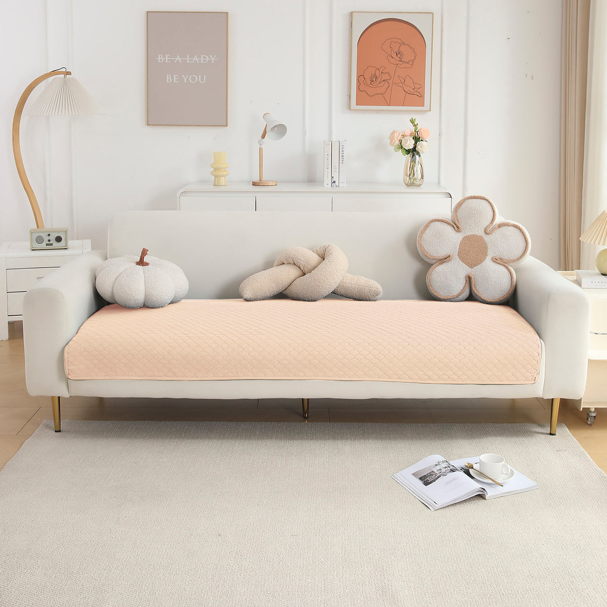 Polyester Quilted Sofa Cover Mats, Beige