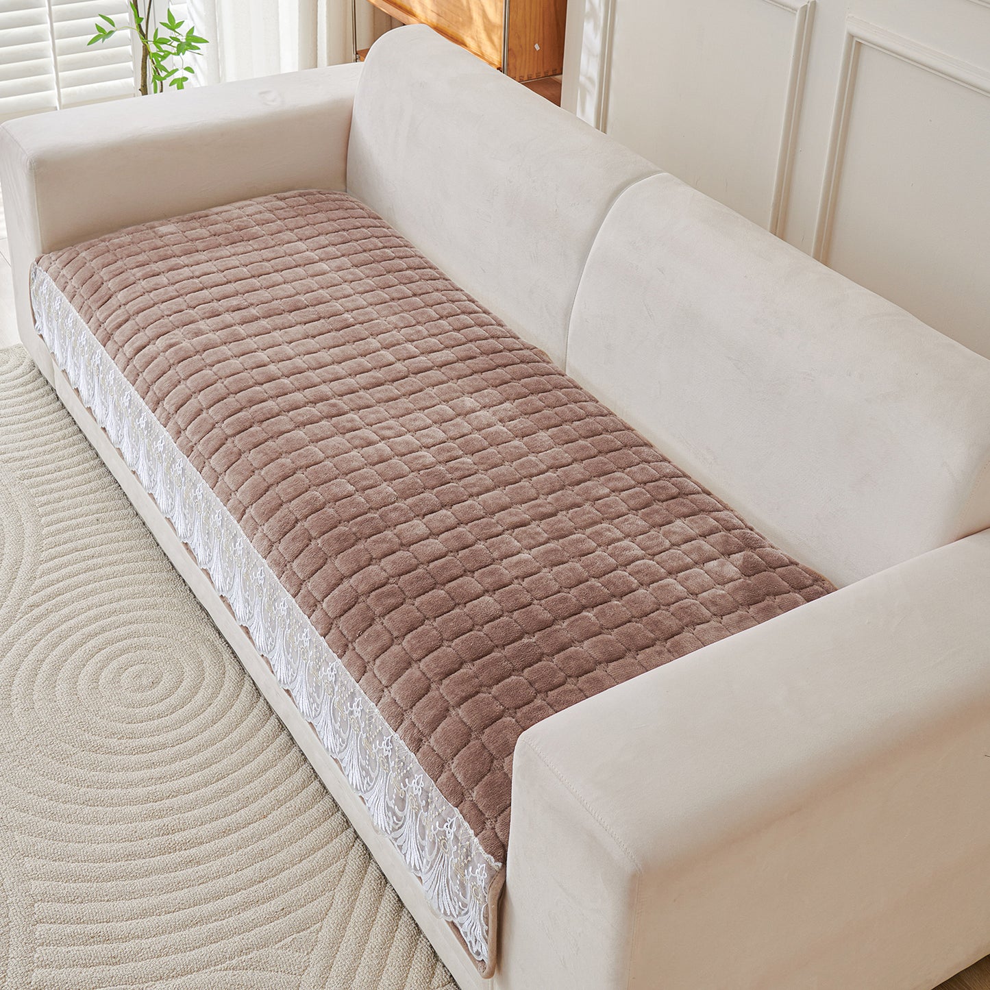 BelleLace Series Premium Imperial Milk Velvet Sofa Cover Mat with Lace Design -  Mocha Brown
