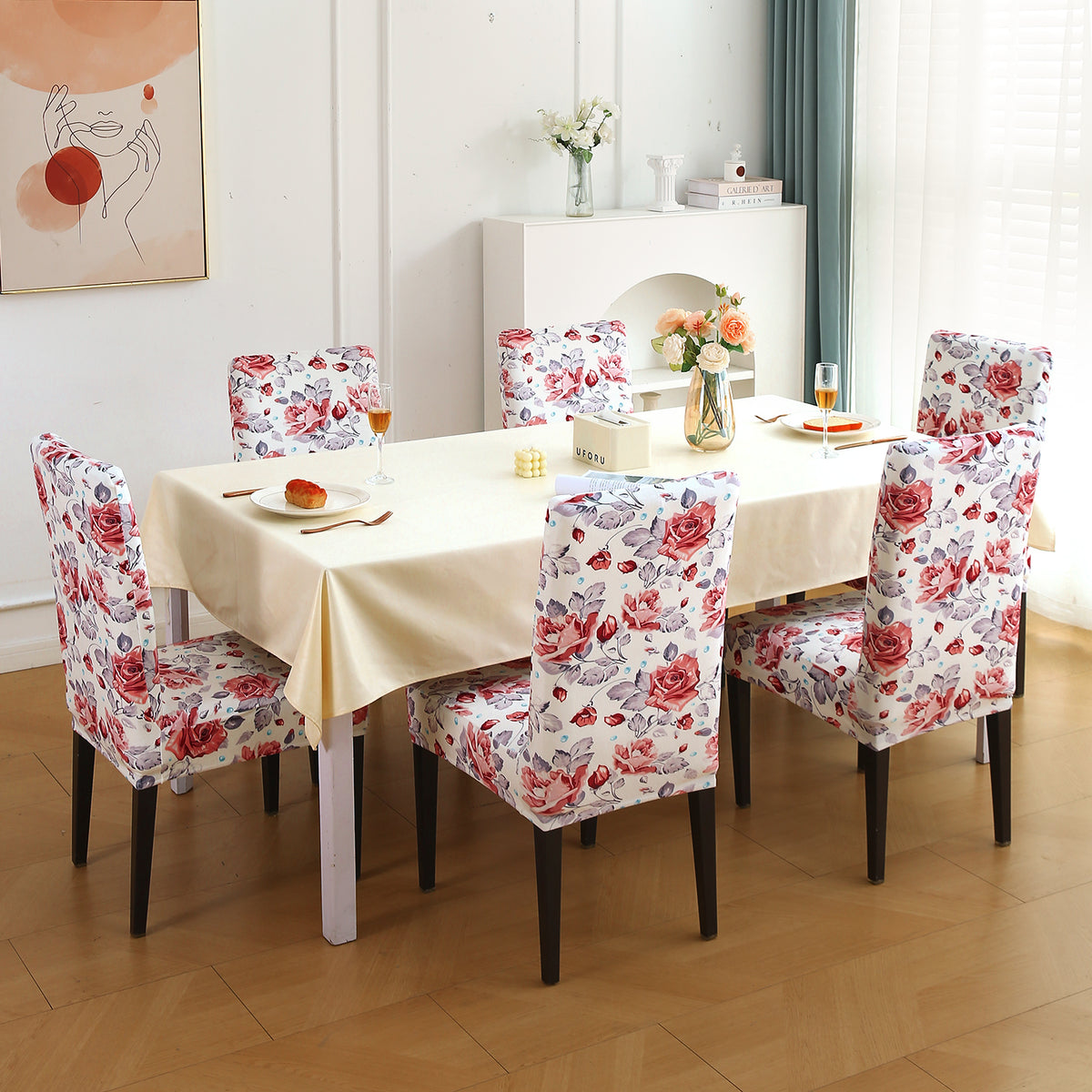 Premium Printed Velvet Dining Chair Cover Set, Red Cottage Rose