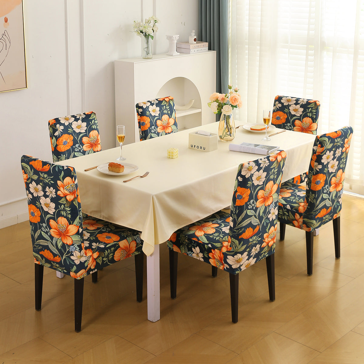 Premium Printed Velvet Dining Chair Cover Set, Teal Twilight Garden