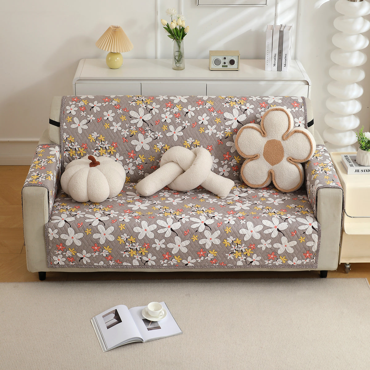 Pastel Brown Sandwort Flower Printed quilted three seater sofa cover with armrest and side pockets