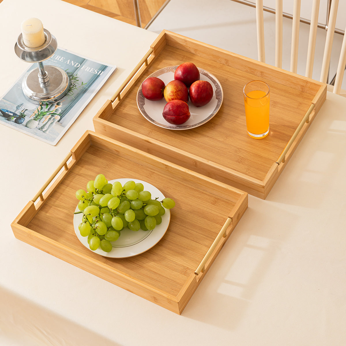Bamboo Serving Tray Set with Gold Handles | Set of 2