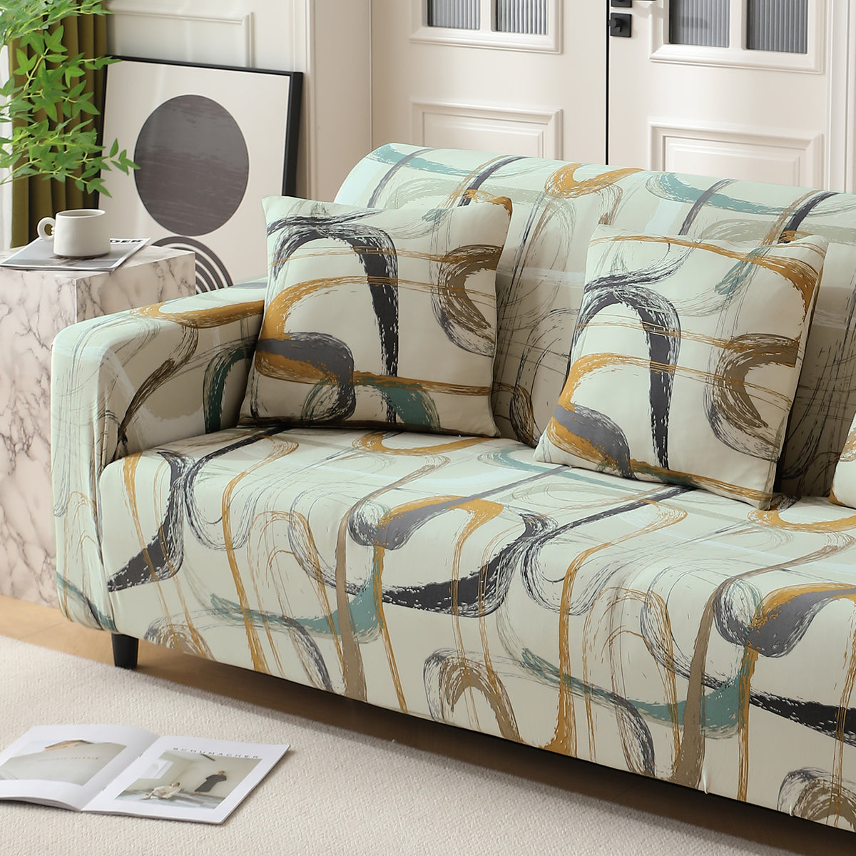 Parchement Beige Abstract Art modern elastic 3 seater sofa cover​s