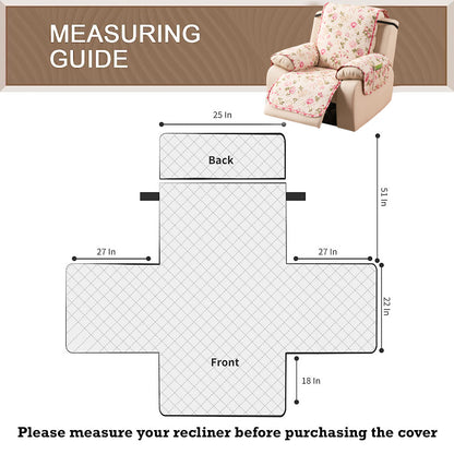 Quilted Cover for Recliner Sofa with SecureFit Belt & Side Pocket, Beige Peonies