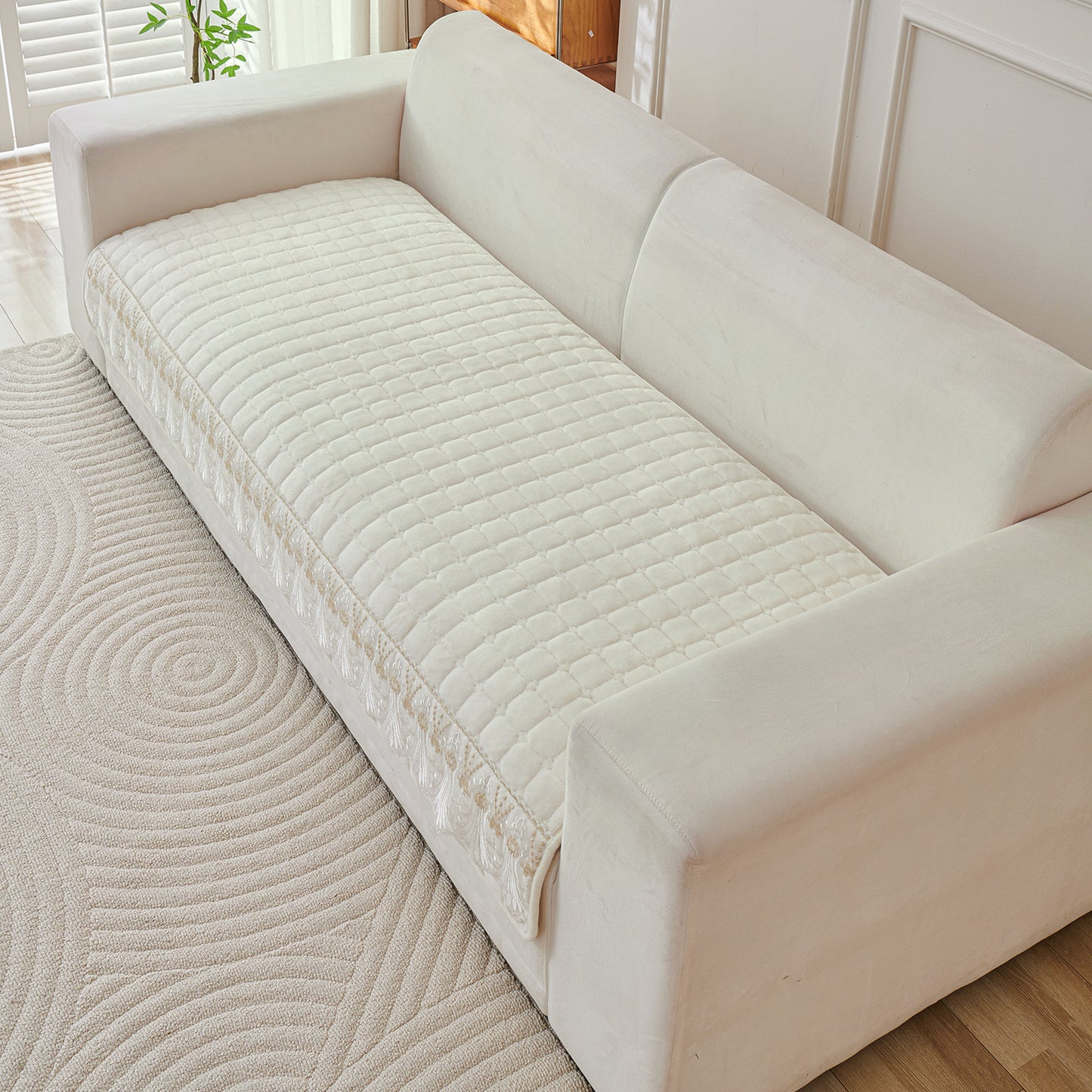 BelleLace Series Imperial Milk Velvet Sofa Cover Mat with Lace Design - Pearl White