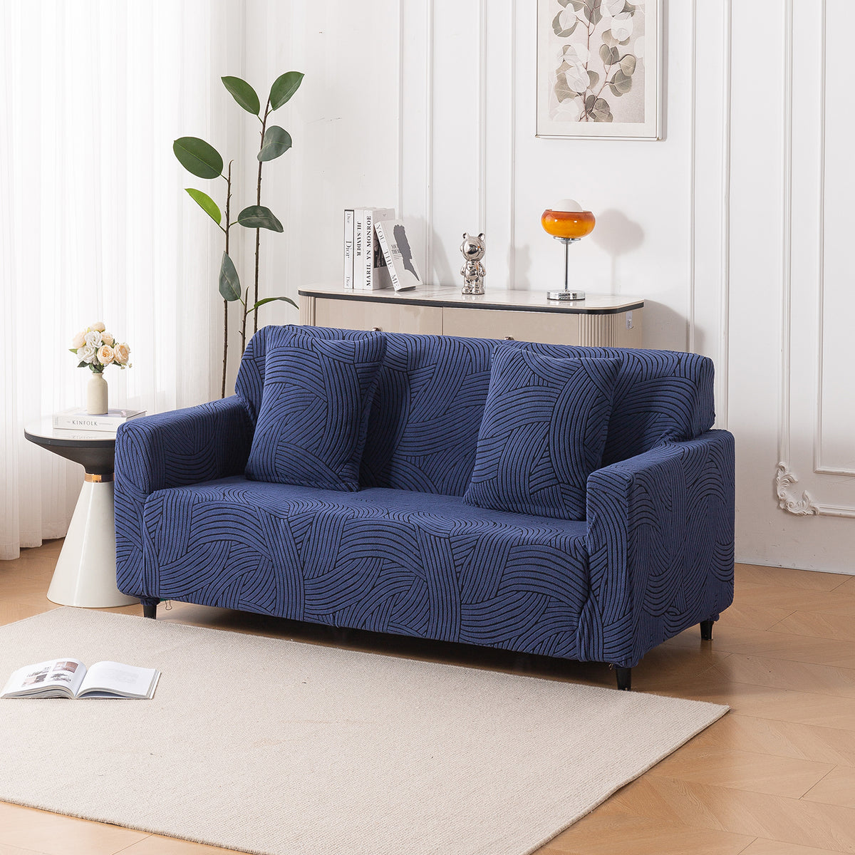 Buy royal blue colour waveline series jacquard two seater sofa cover​