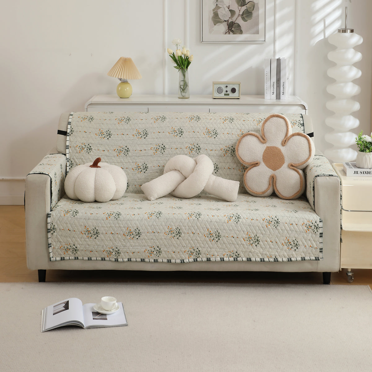 3 Seater Light Green Ash Gypsy Floral  Printed quilted sofa cover