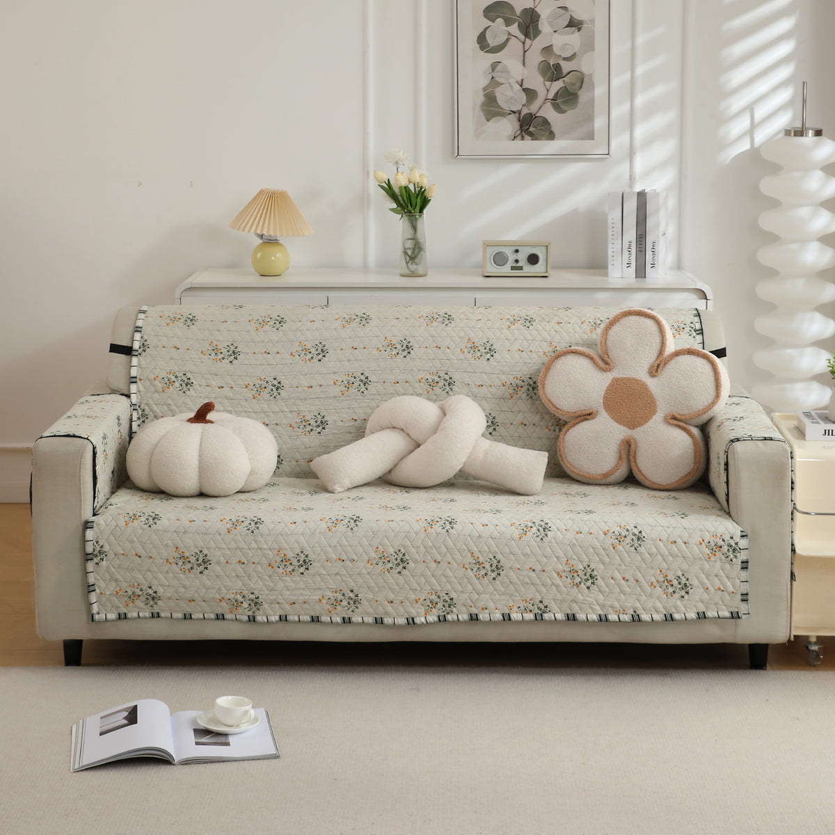 Light Green Ash Gypsy Floral  Printed sofe ke cover for 3 seater