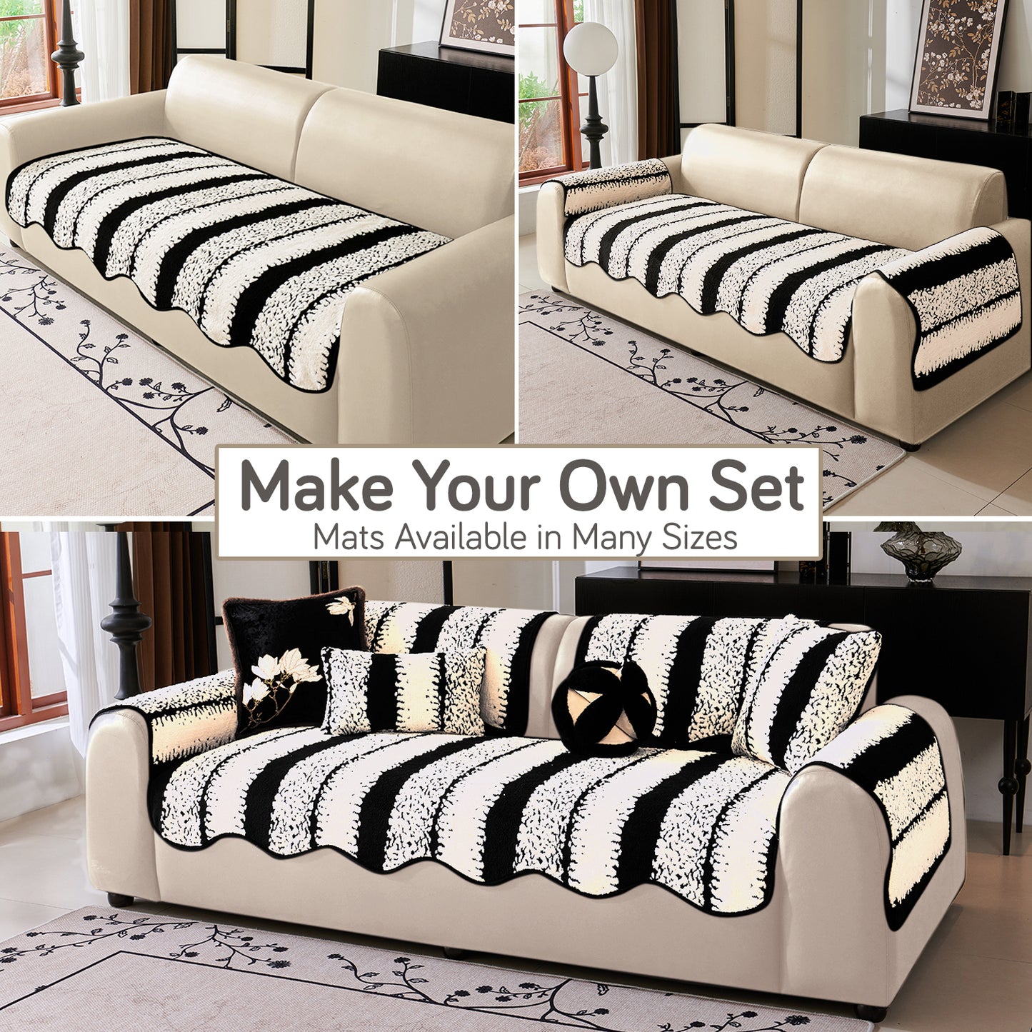 Luxury Wavy Plush Anti-Slip Sofa Cover Mats - Black