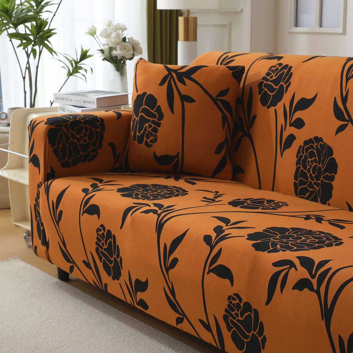 Elastic Stretchable Printed 140gsm Fully Covered Sofa Cover, Copper Brown Floral