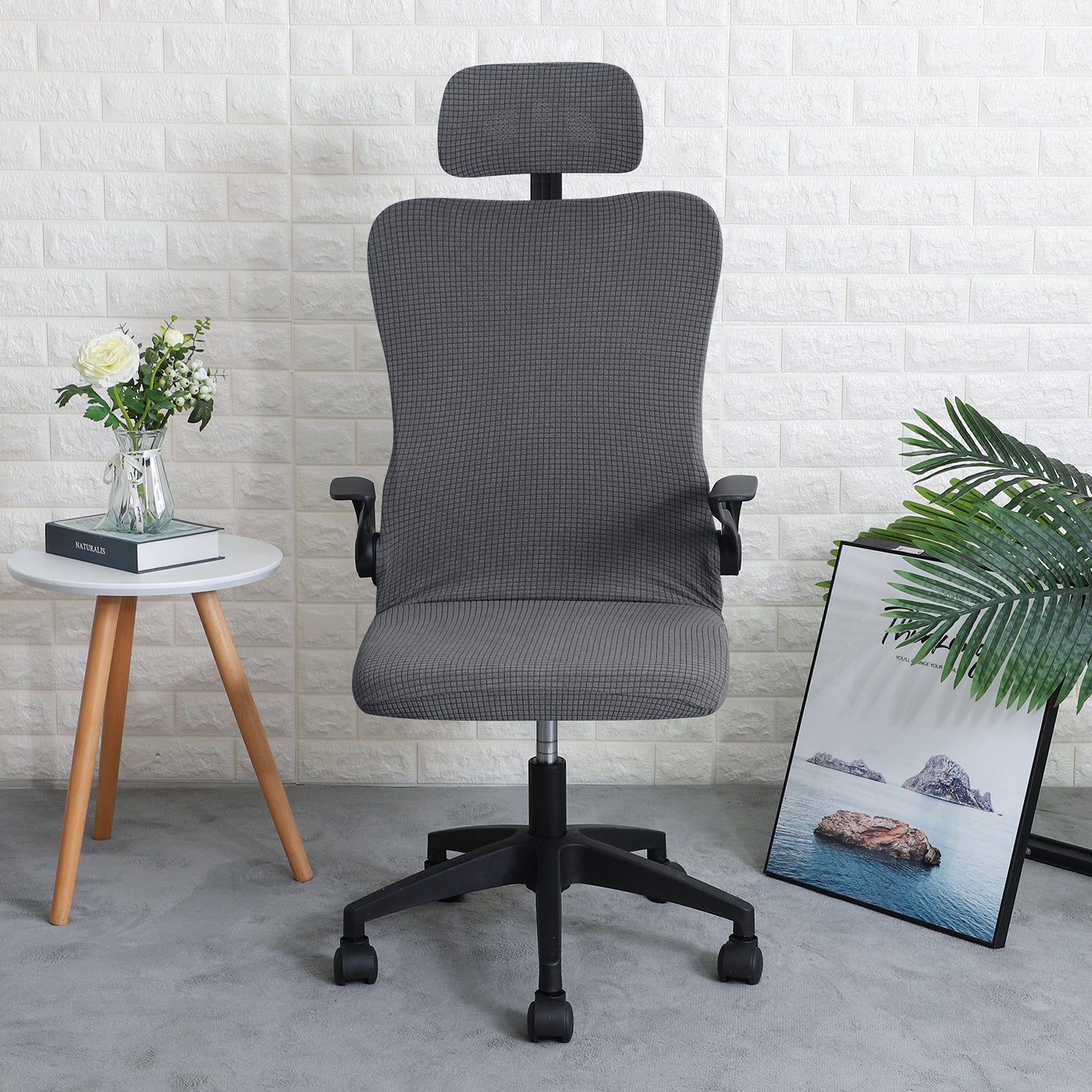 Stretchable Jacquard Office Boss Chair Seat Cover with Headrest Cover for Computer Desk Chair, Dark Grey