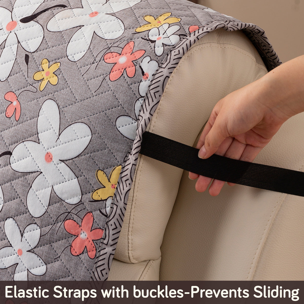 Quilted Cover for Recliner Sofa with SecureFit Belt & Side Pocket, Pastel Brown Sandwort Flower