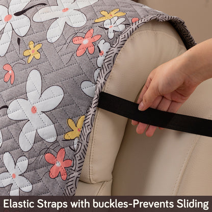 Quilted Cover for Recliner Sofa with SecureFit Belt & Side Pocket, Pastel Brown Sandwort Flower