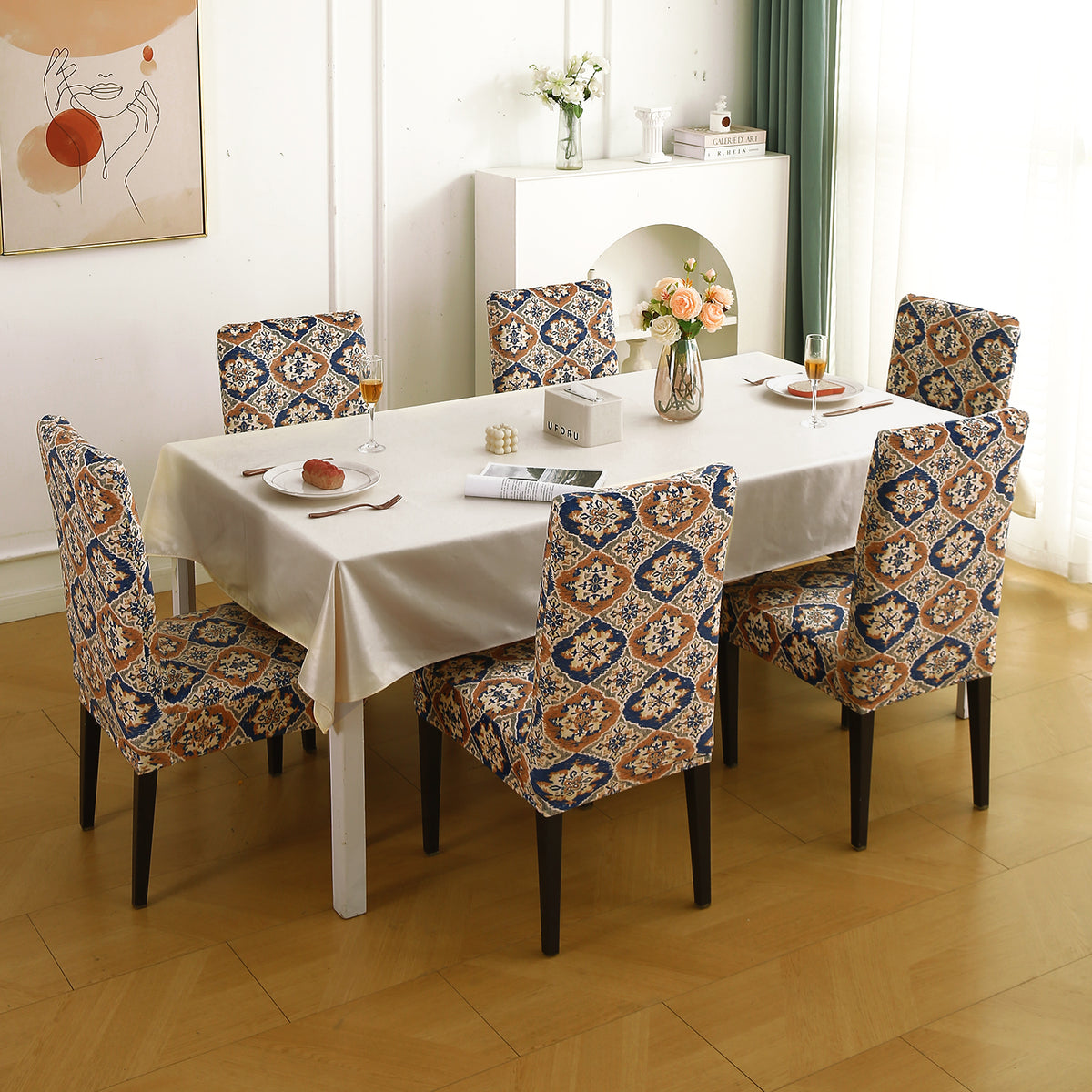 Premium Printed Velvet Dining Chair Cover Set, Indigo Moroccan Charm