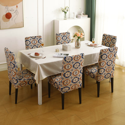 Premium Printed Velvet Dining Chair Cover Set, Indigo Moroccan Charm
