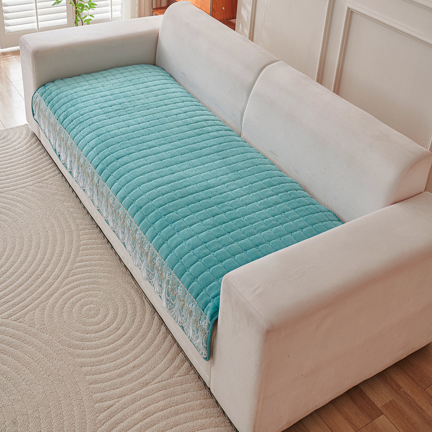 BelleLace Series Imperial Milk Velvet Sofa Cover Mat with Lace Design - Teal