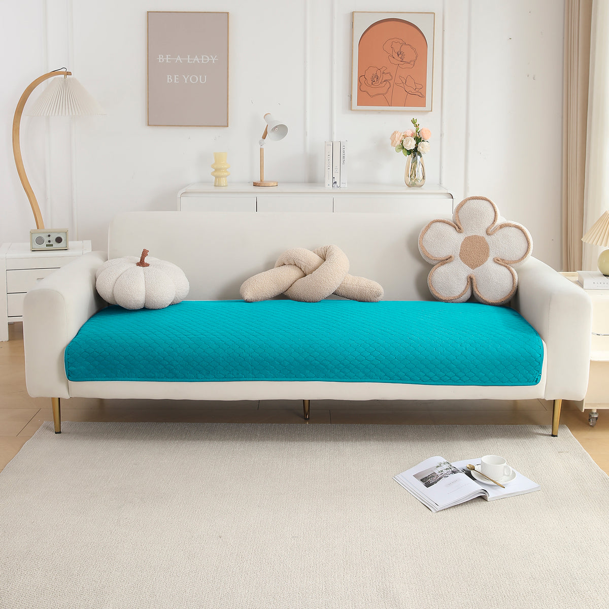 Polyester Quilted Sofa Cover Mats, Teal