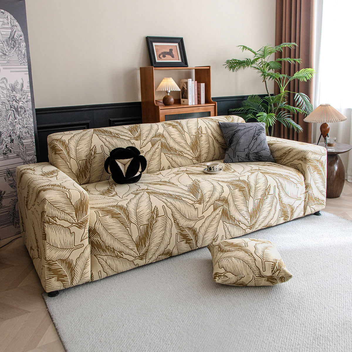 Buy beige colour dual tone series knitting jacquard elastic 3 seater sofa cover​s