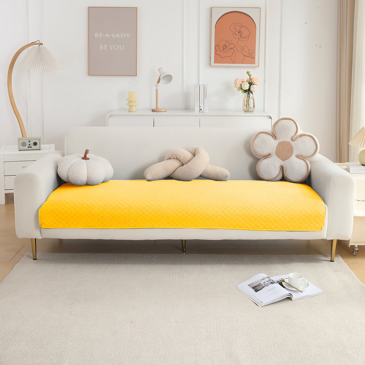 Polyester Quilted Sofa Cover Mats, Yellow