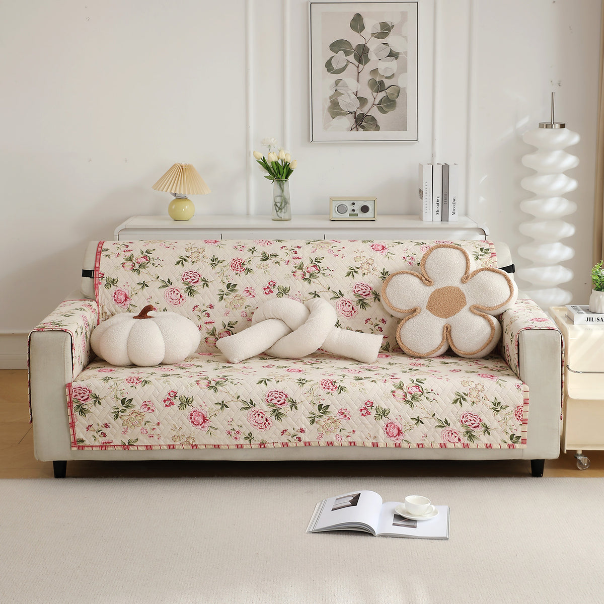 3 Seater Beige Peonies Printed quilted sofa cover