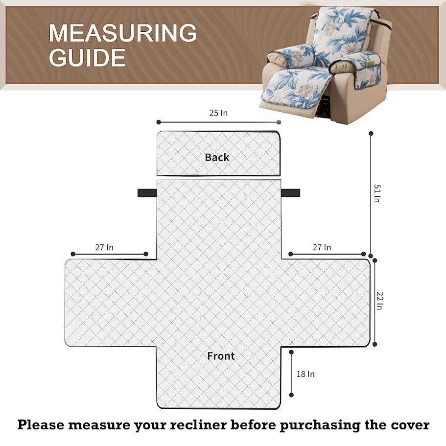 Quilted Cover for Recliner Sofa with SecureFit Belt & Side Pocket, Celadon Blue Camellia