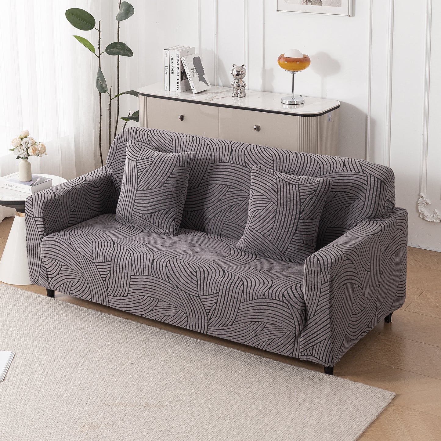 'WaveLine Series' Jacquard Cushion Cover Set of 2, Charcoal Grey