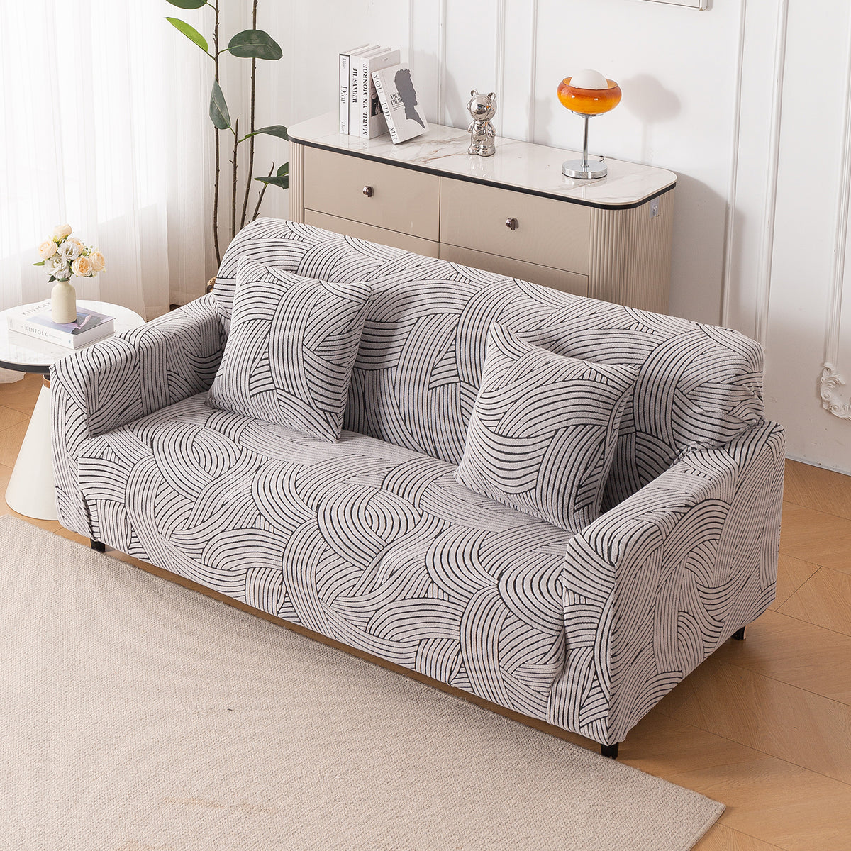 Buy ash grey colour waveline series jacquard ealstic 3 seater sofa cover​