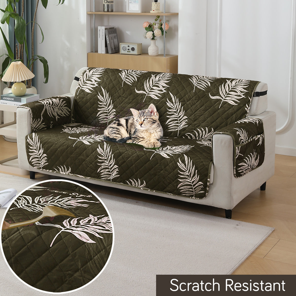 Quilted Waterproof Sofa Cover Mat with Pockets on Armrest Cover - Palm Leaves Olive
