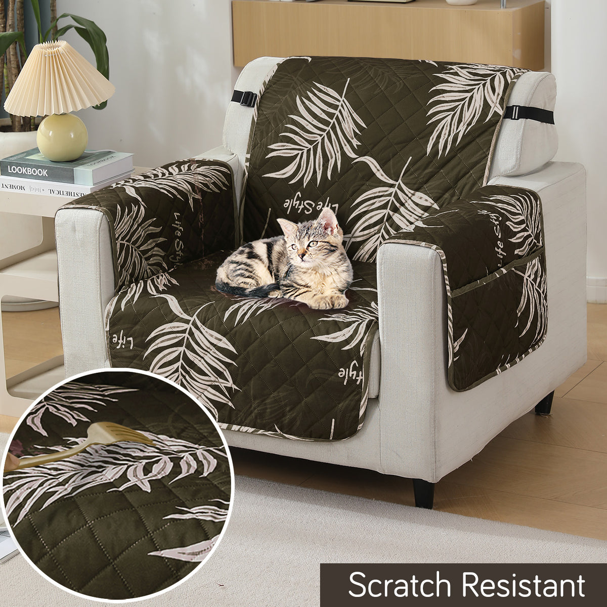 Quilted Waterproof Sofa Cover Mat with Pockets on Armrest Cover - Palm Leaves Olive