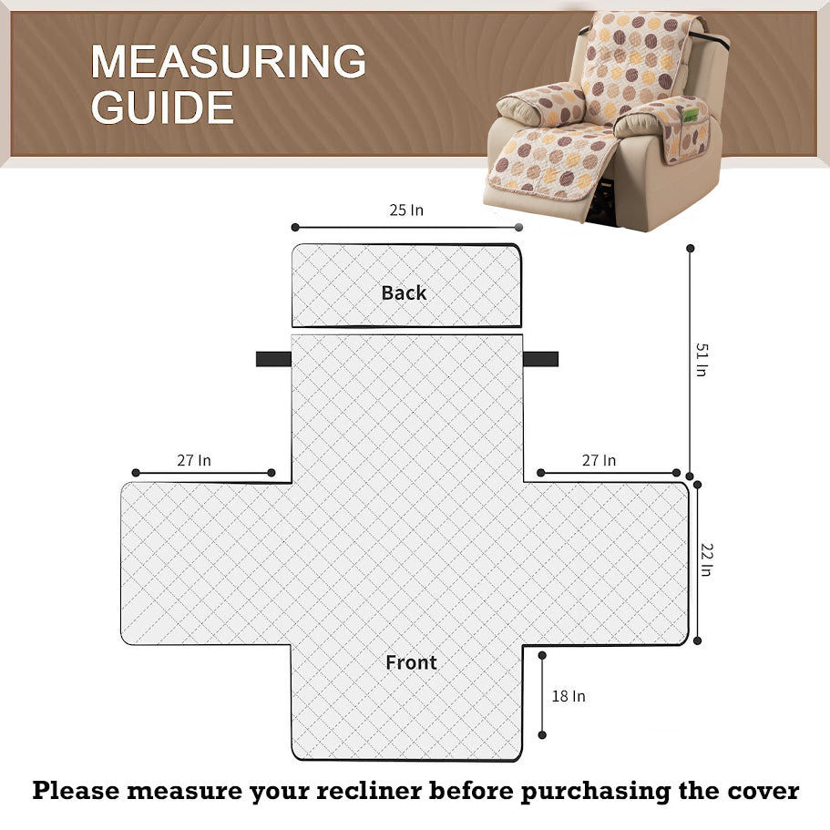 Quilted Cover for Recliner Sofa with SecureFit Belt & Side Pocket, Brown Polka Dot