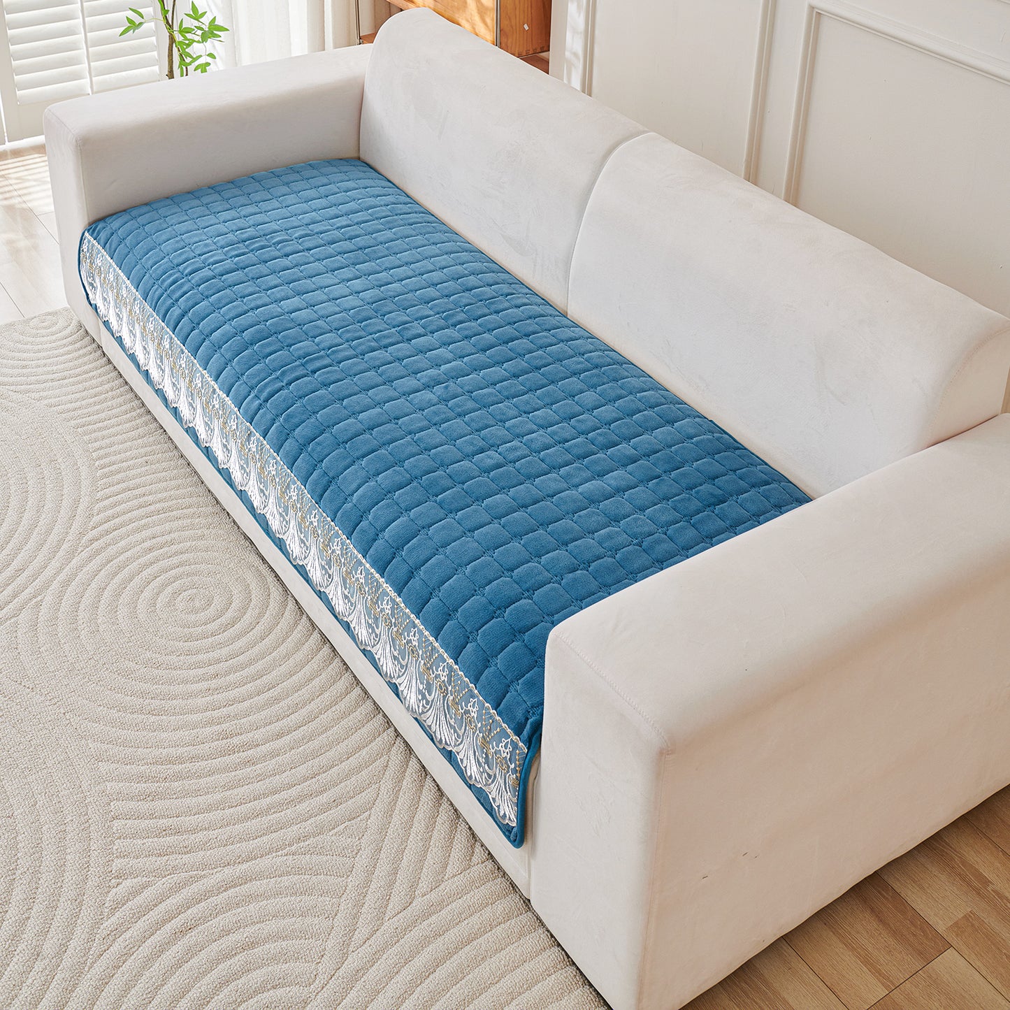 BelleLace Series Imperial Milk Velvet Sofa Cover Mat with Lace Design - Celdaon Blue
