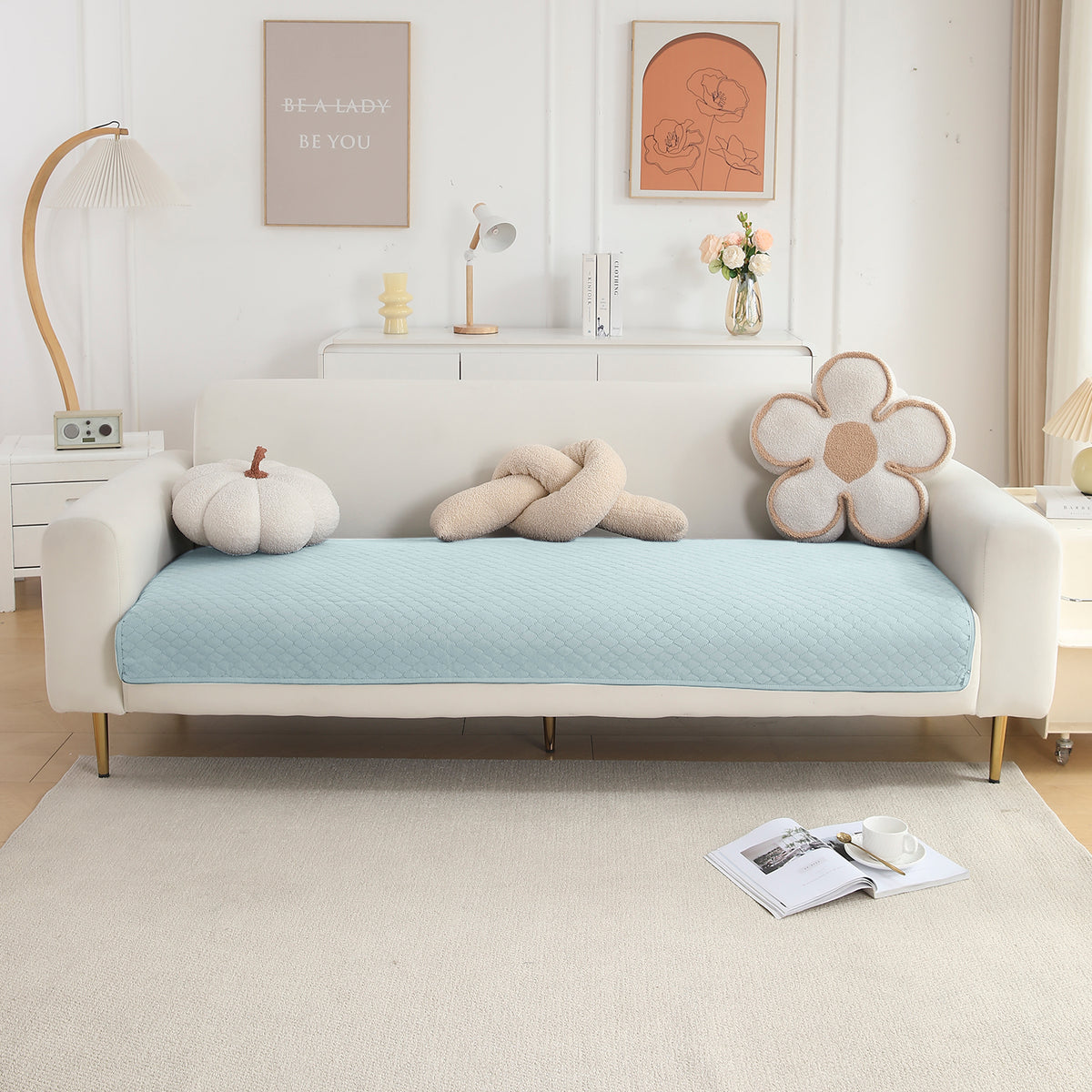 Polyester Quilted Sofa Cover Mats, Light Sky Blue