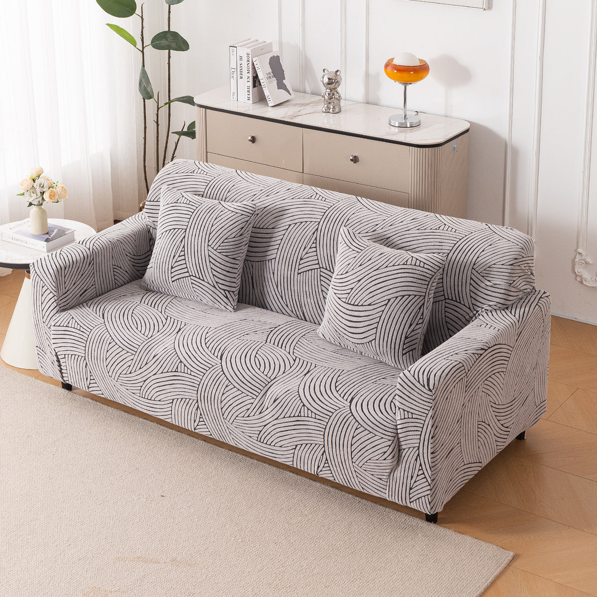 Buy classic white colour waveline series jacquard stretchable 3 seater sofa cover​