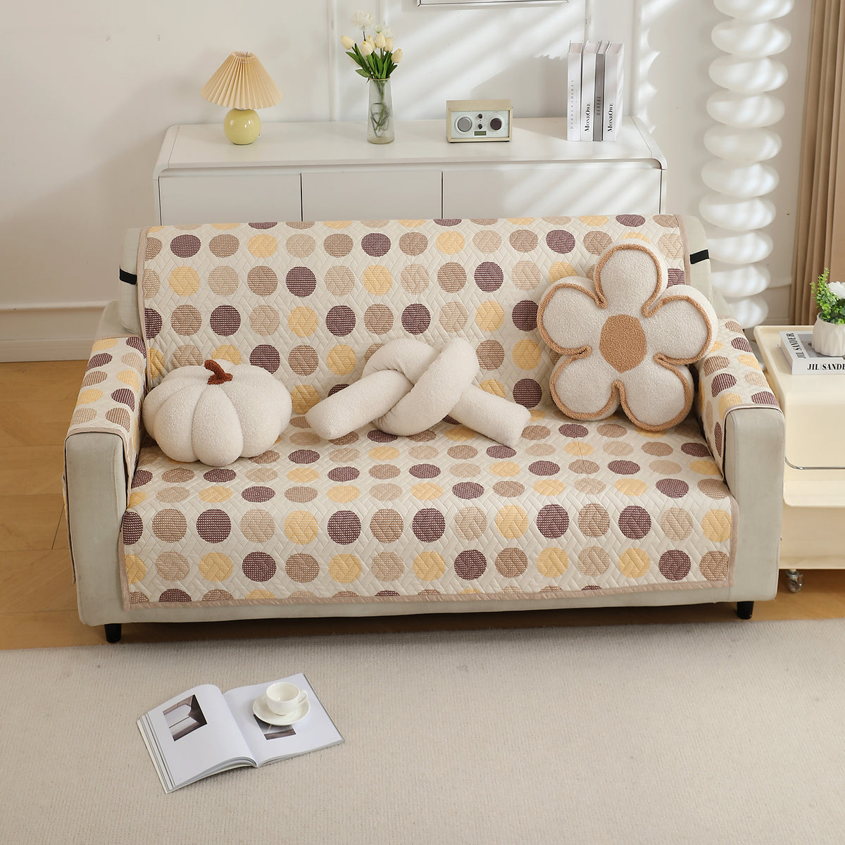 Brown Polka Dot Printed sofe ke cover for 3 seater