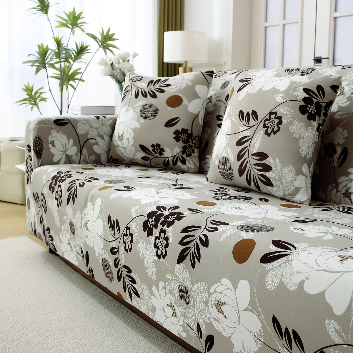Feather Brown Floral Colour full fitted stretchable three seater sofa cover