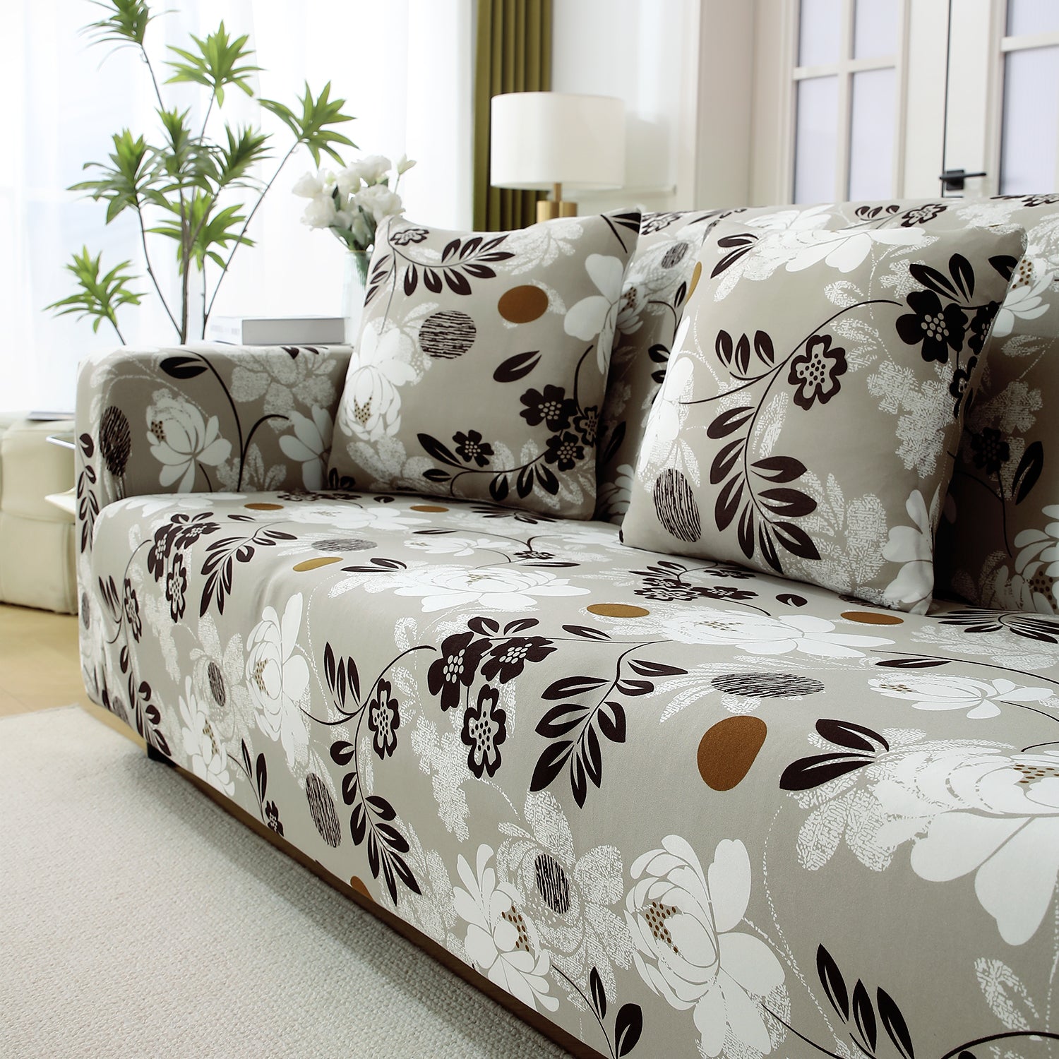 Feather Brown Floral Colour full fitted stretchable three seater sofa cover