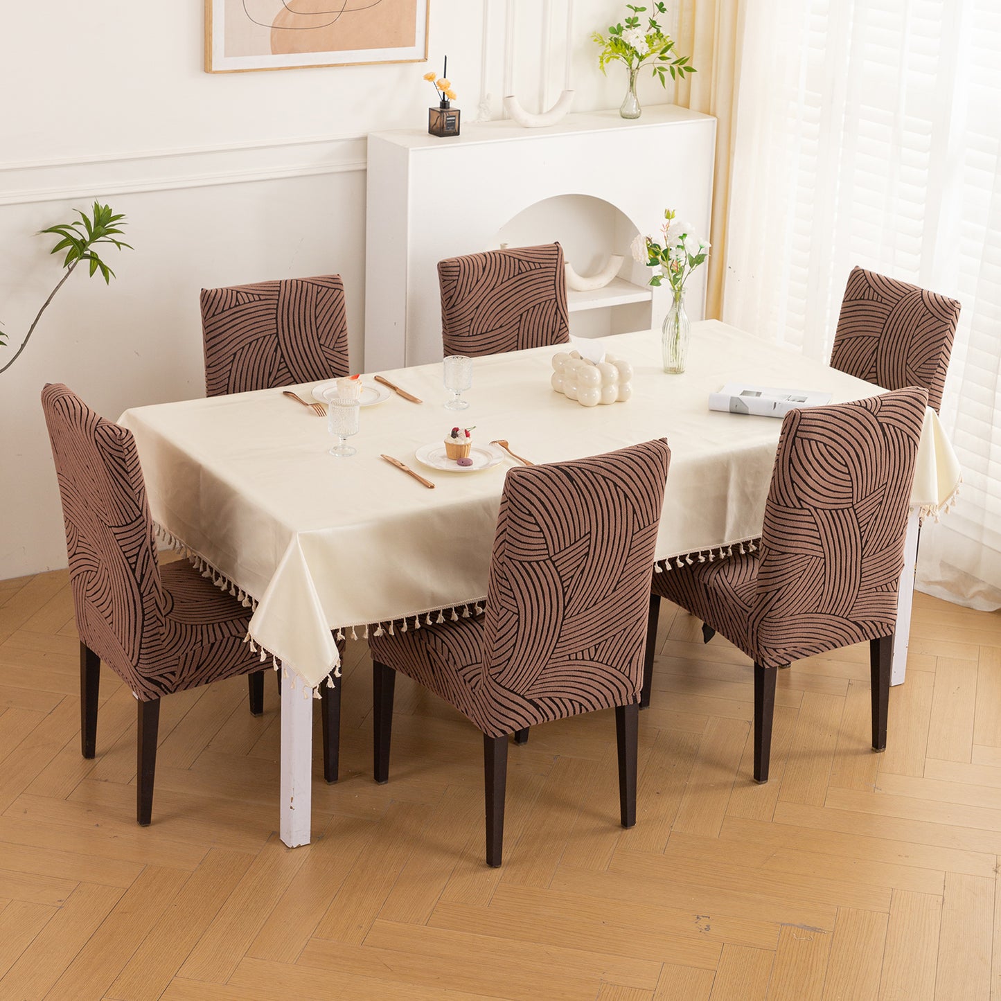 WaveLine Series 180 GSM Jacquard Chair Cover Set of 1/2/4/6, Rust Brown
