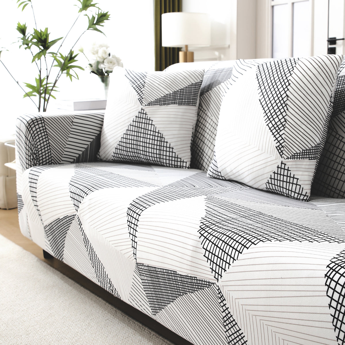 Snow White Black Geometry elastic sofa cover 3 2 seater​ sofas