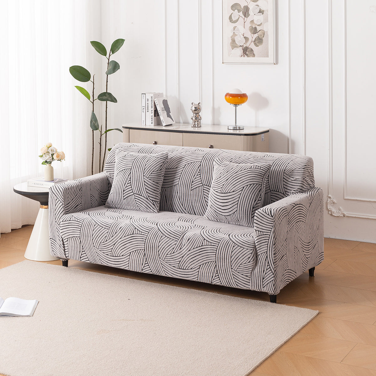 Buy classic white colour waveline series jacquard two seater sofa cover​ | HOKIPO
