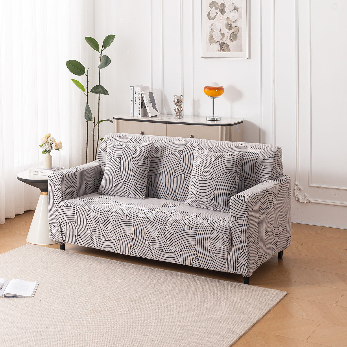 'WaveLine Series' Jacquard Sofa Cover 1/2/3/4-seater Fully Covered, Ash Grey