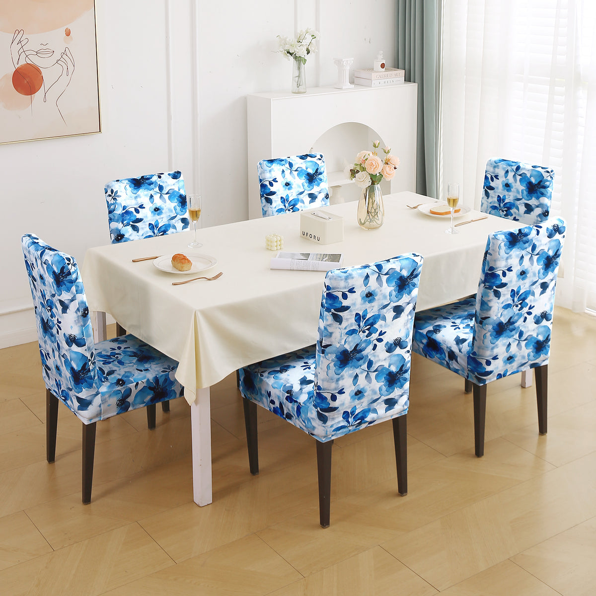 Premium Printed Velvet Dining Chair Cover Set, Blue Azure Botanical