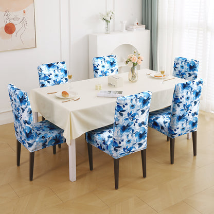Premium Printed Velvet Dining Chair Cover Set, Blue Azure Botanical