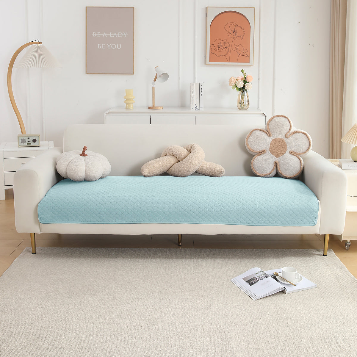 Polyester Quilted Sofa Cover Mats, Light Sky Blue