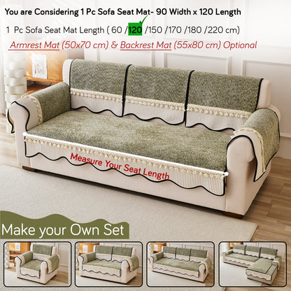 Thick Woven Weave Chenille Sofa Cover with Tassel|'Wavy Royale Series' Sage Green