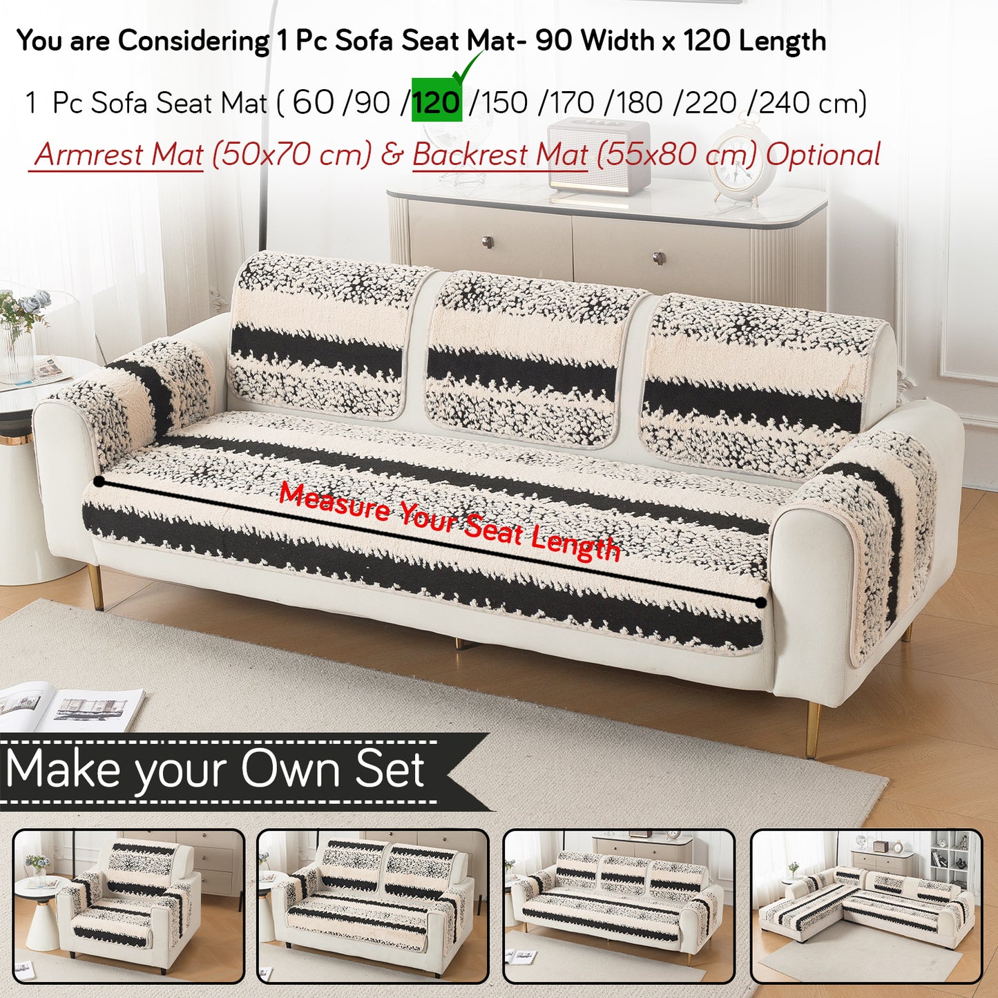 Luxury Plush Sherpa Anti-Slip Sofa Cover Mat, 'Noirea Series'| Textured Stripe