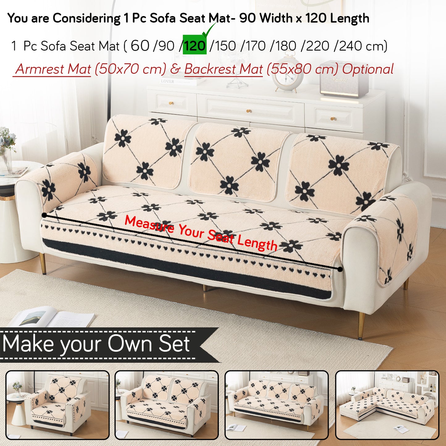 Luxury Plush Sherpa Anti-Slip Sofa Cover Mat, 'Noirea Series'| Floral Lattice