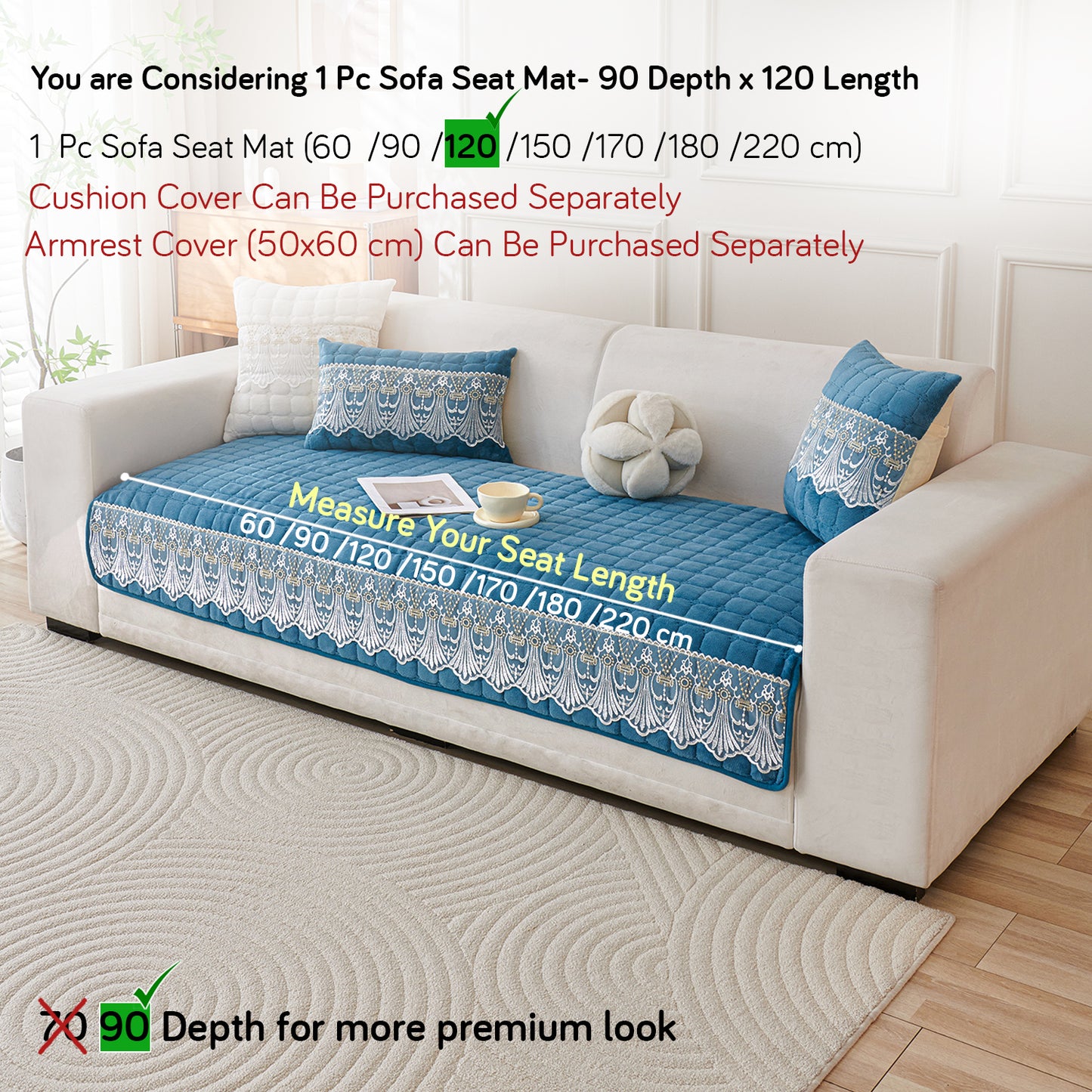 BelleLace Series Imperial Milk Velvet Sofa Cover Mat with Lace Design - Celdaon Blue